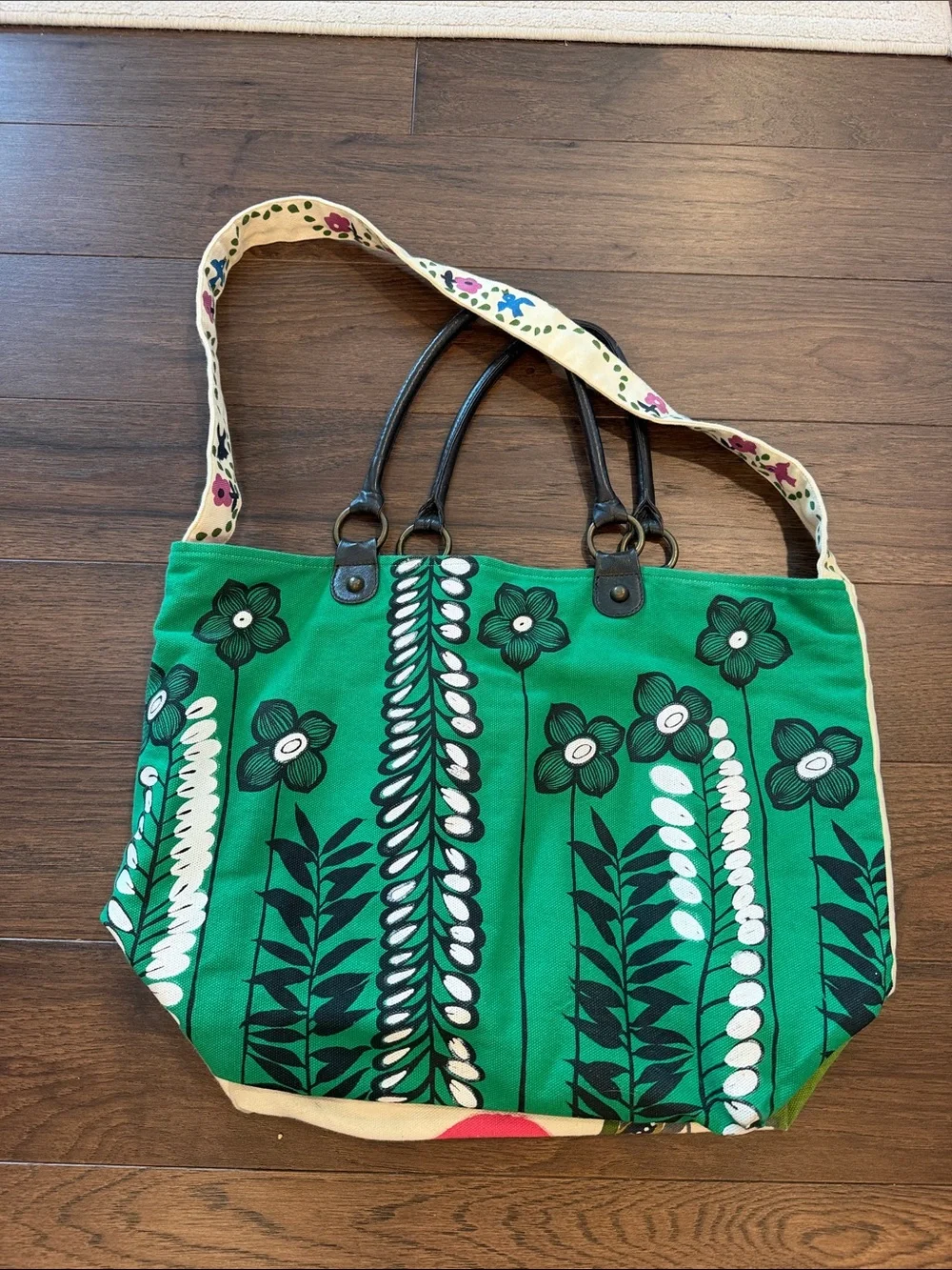 Neat Canvas Floral Tote Bag with Pink & Green Print With Leather Straps